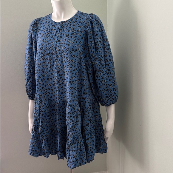 Zara Blue Leopard Tiered Smock Dress large - Picture 5 of 9